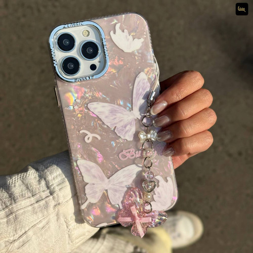 قاب گوشی پروانه ای یخی صورتی به همراه بند آویز برای آیفون